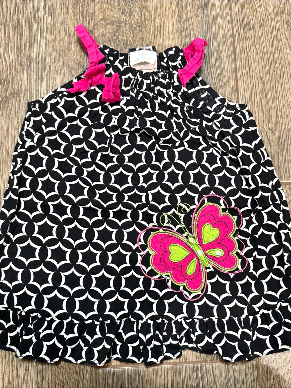 Girls Black & White Geometric Butterfly Y2K Tank Dress with Pink Accents Size 5